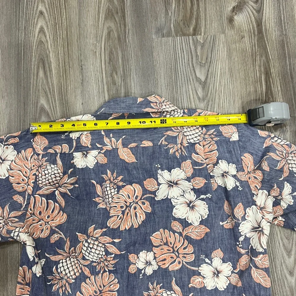 Hawaii Hang Ten Mens Blue Tropical Pineapple Hibiscus Button Down Shirt Medium